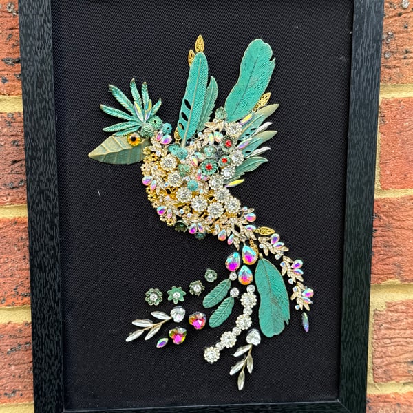Framed Jewelry Art: Bird Wall Decor, Handmade Upcycled Costume Jewellery Collage