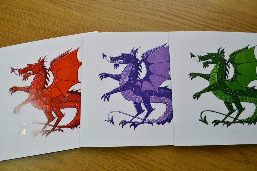 Dragon greetings cards set of three assorted colours blank printed cards