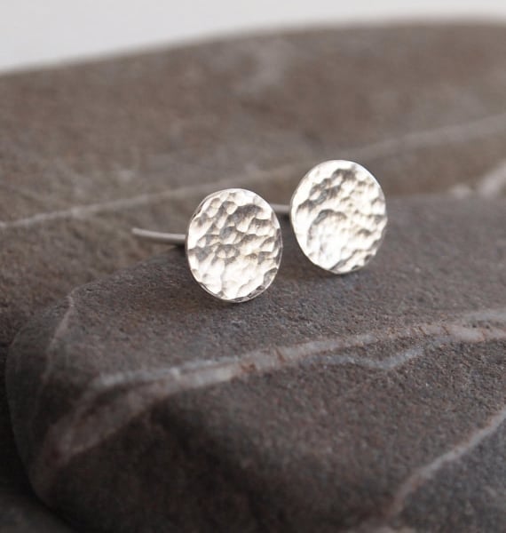 Sterling hammered studs, silver stud earrings. Shiny hammered silver