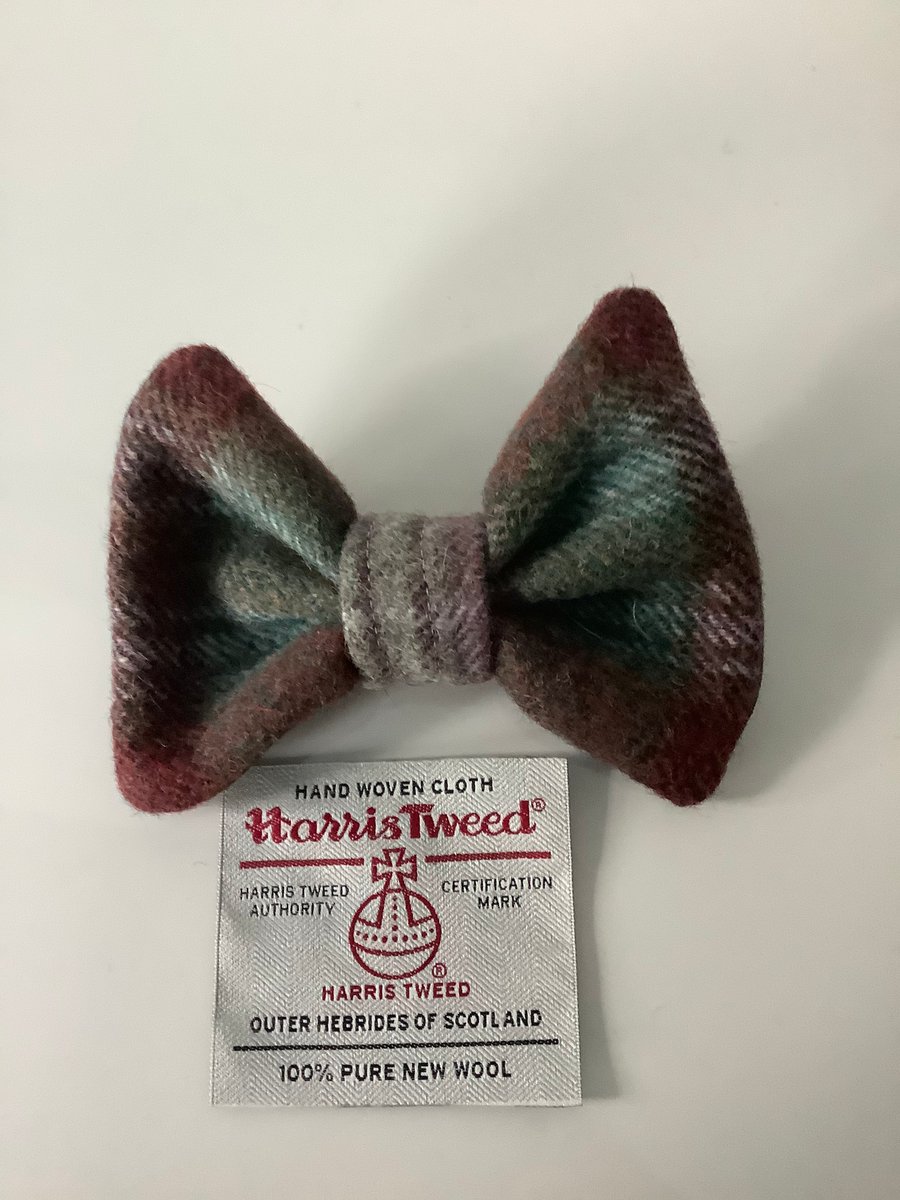 Harris Tweed Dog Bow Tie,Brown ,Teal and Fawn Check over collar bow tie (2HT2)