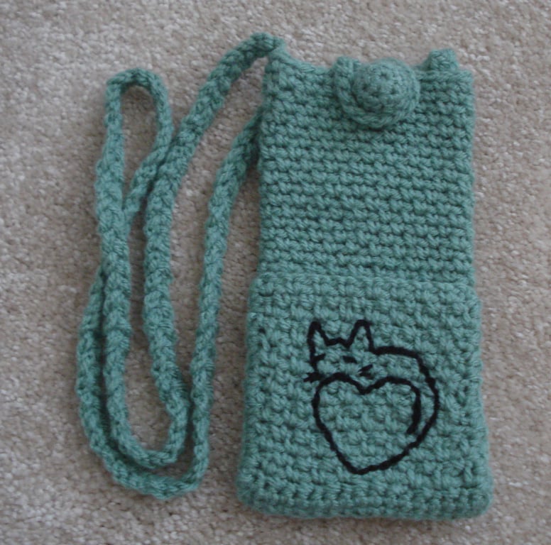 Sage Green Crochet Phone Bag With Pocket And Embroidered Cat (J188)