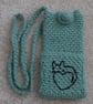Sage Green Crochet Phone Bag With Pocket And Embroidered Cat (J188)