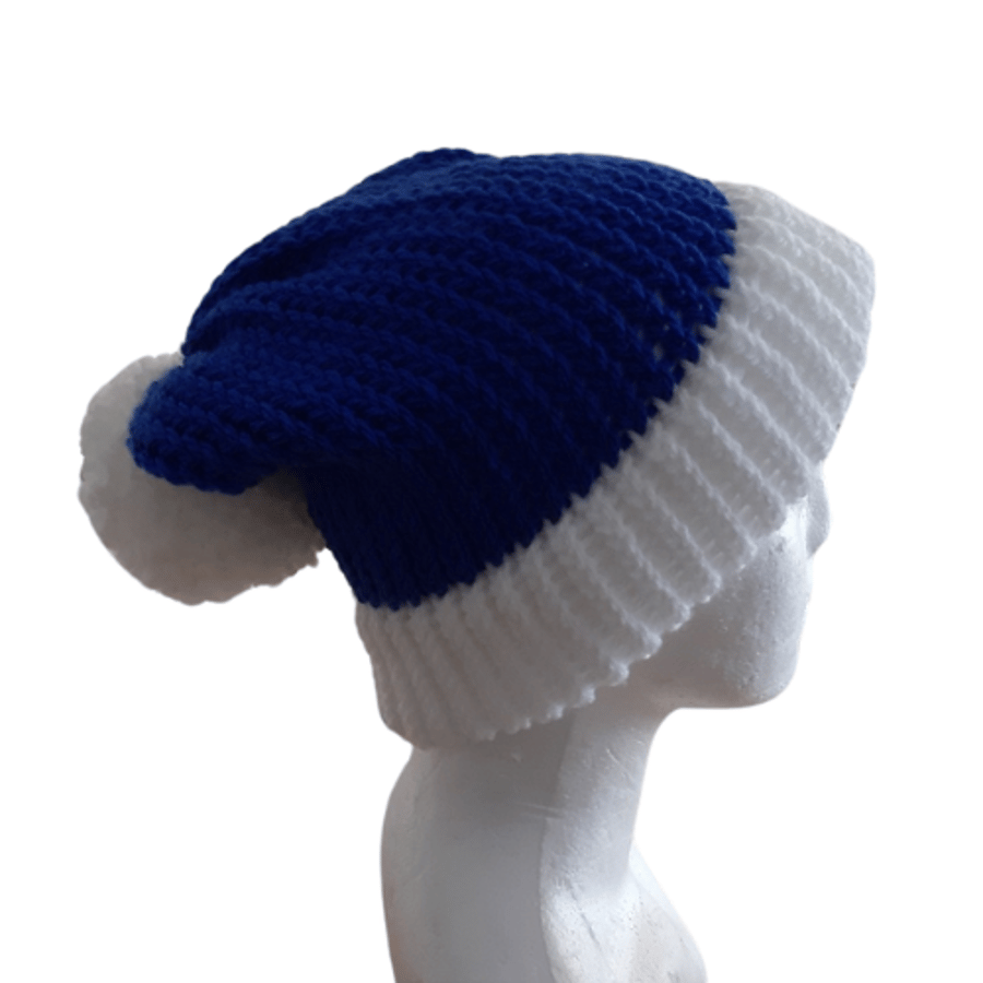 Adult's Blue Knitted Slouchy Hat with White Brim and Pom Pom