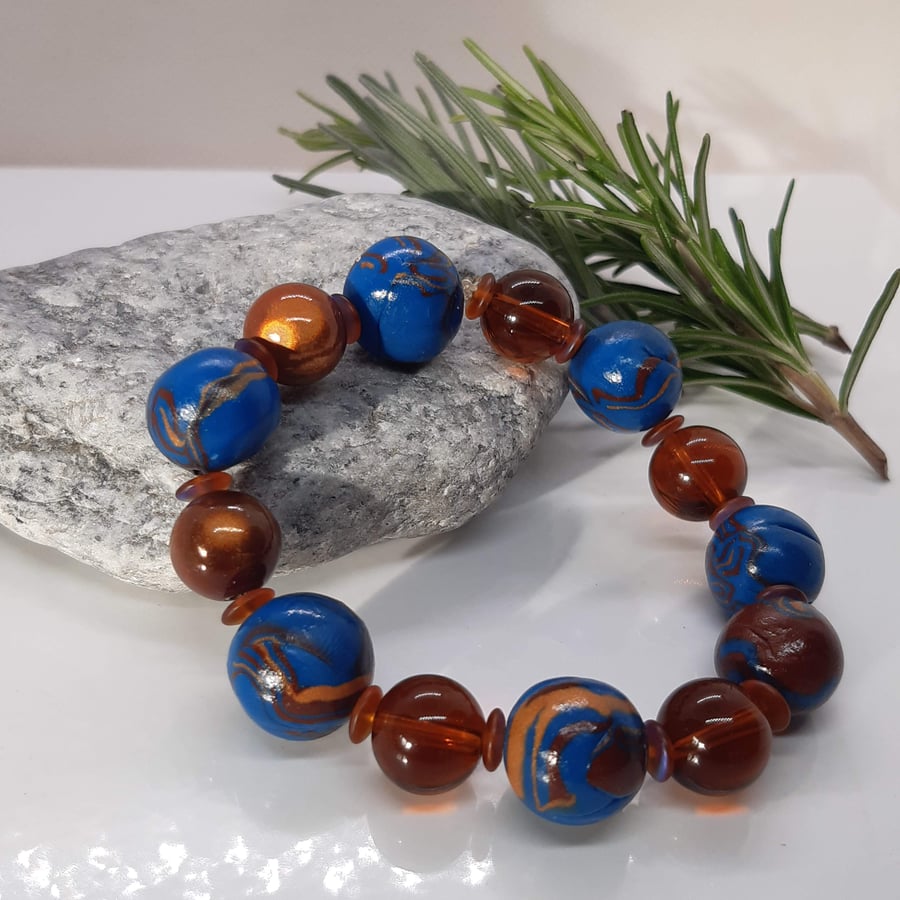Brown and dark teal polymer clay bracelet