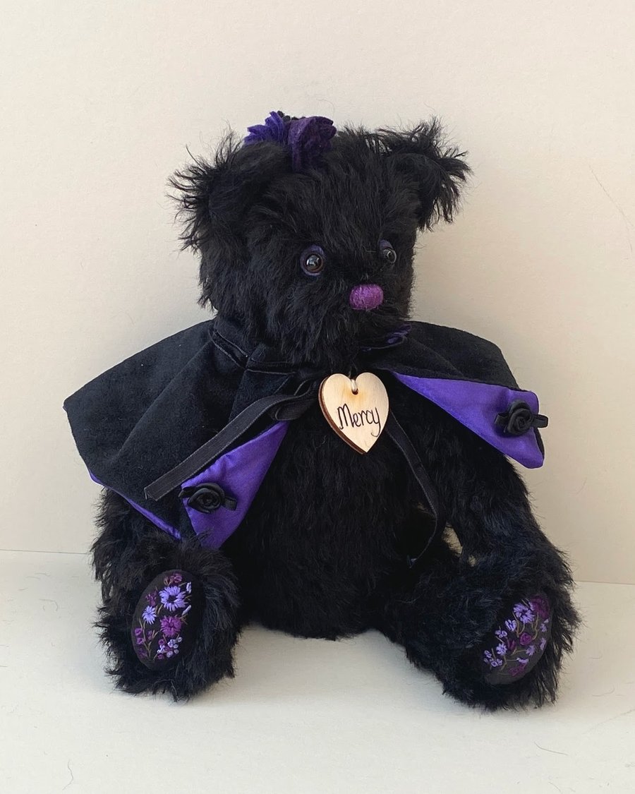Goth teddy bear, hand embroidered artist bears, gothic collectable OOAK bear