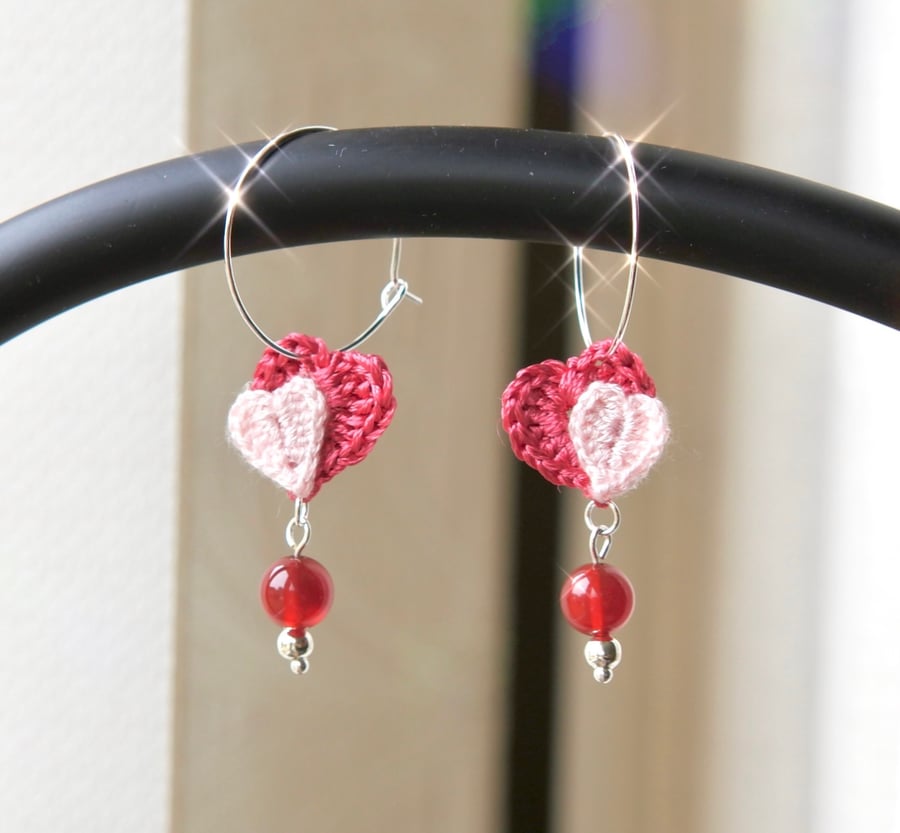 Microcrochet Valentines Pink Hearts Earrings 