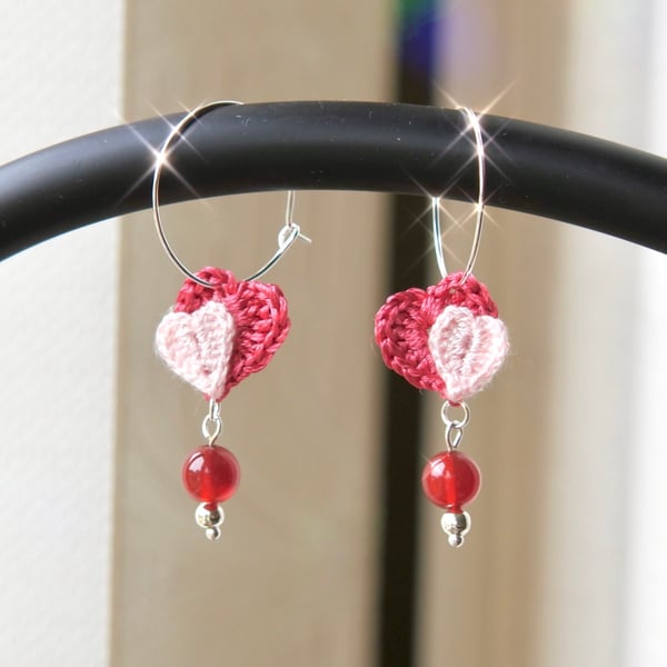 Microcrochet Valentines Pink Hearts Earrings 