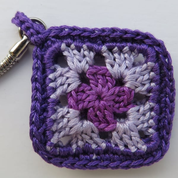 Crochet keyring, Miniature crochet, Granny squares, Retro gift, Purple