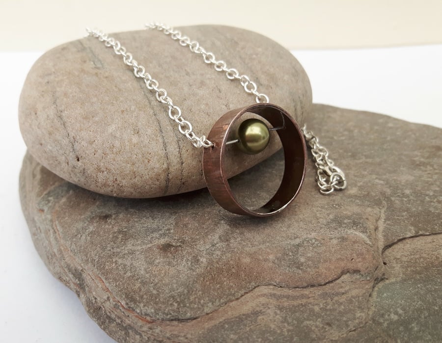 Copper and Silver Ring Pendant with Mobile Pearl Bead