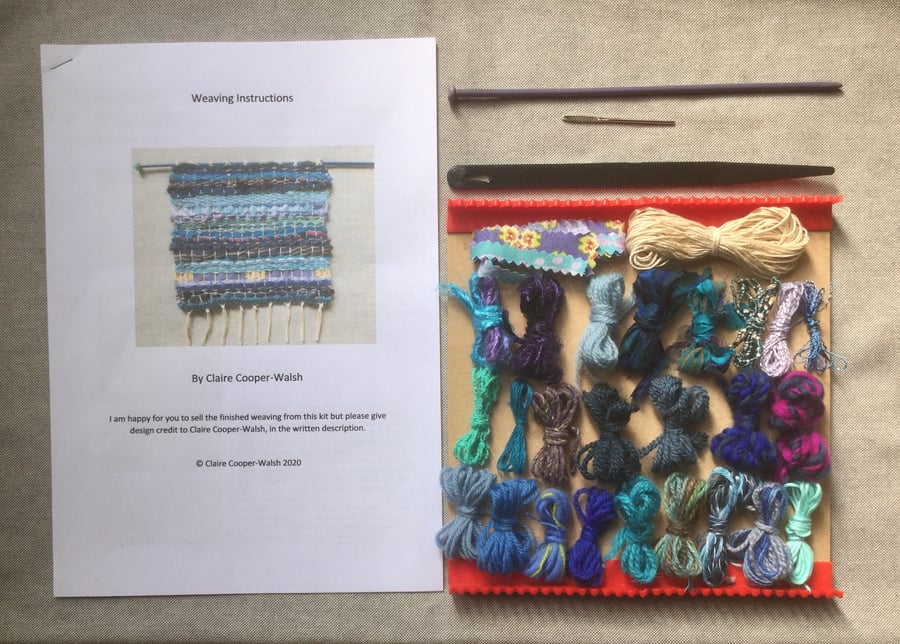 Moody Blues weaving kit with loom, yarn, needles and instructions