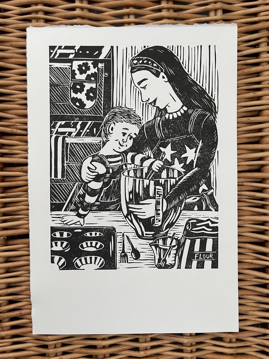 Baking with auntie - original linocut print