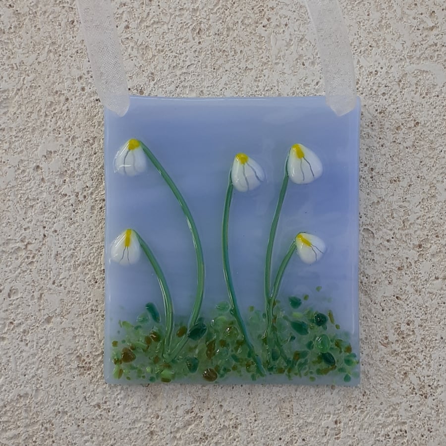 Fused glass mini hanging decoration,  white flowers
