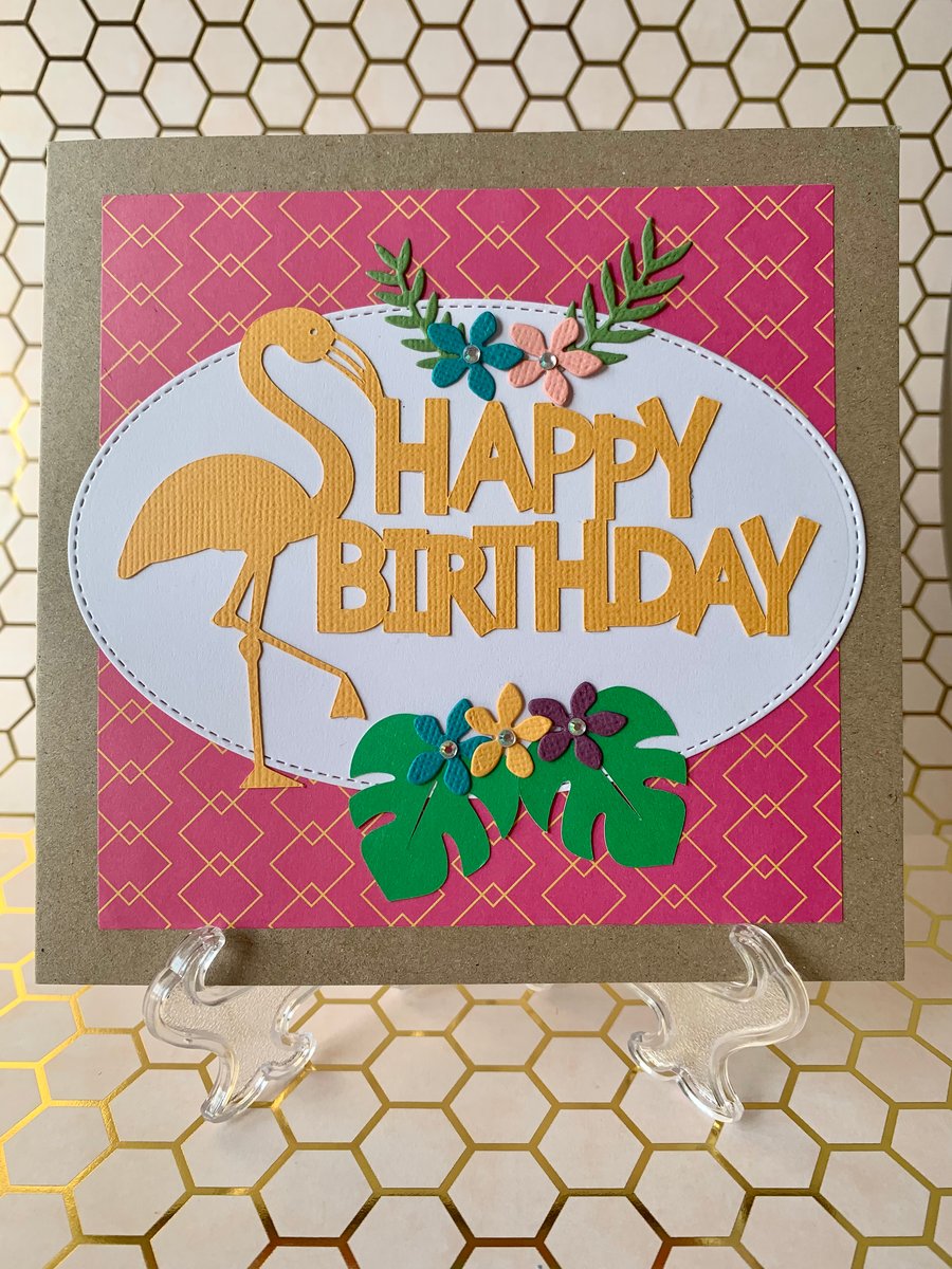 Handmade Flamingo Happy Birthday Card (Geo Pattern)