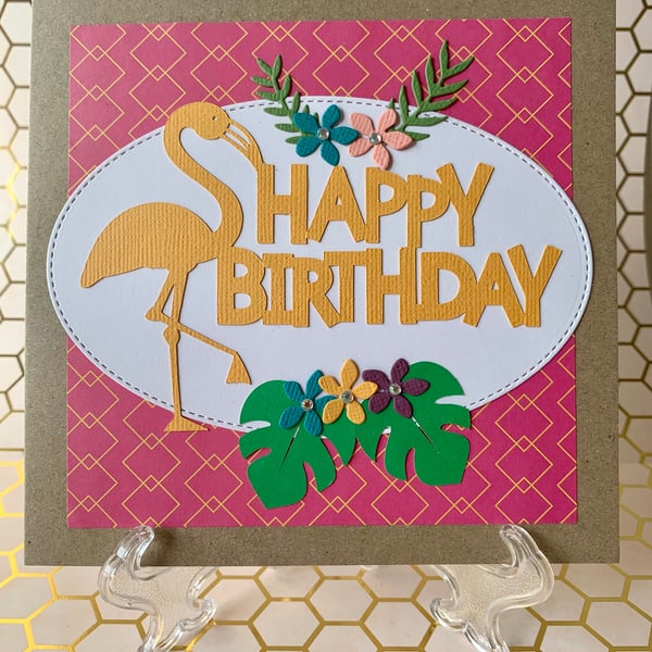 Handmade Flamingo Happy Birthday Card (Geo Pattern)