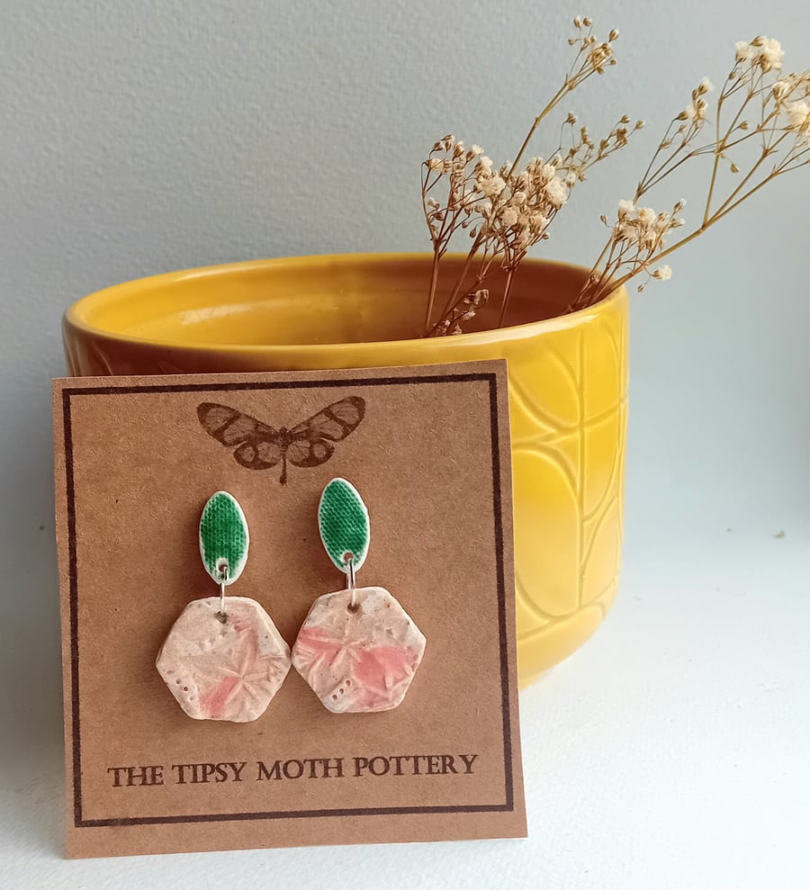 Pine green oval peach hexagon rustic  porcelain clay earrings silver plated 