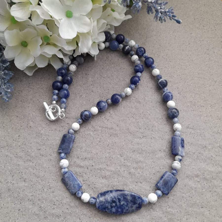 Sodalite and Howlite  Beaded Silver plated Gemstone Necklace