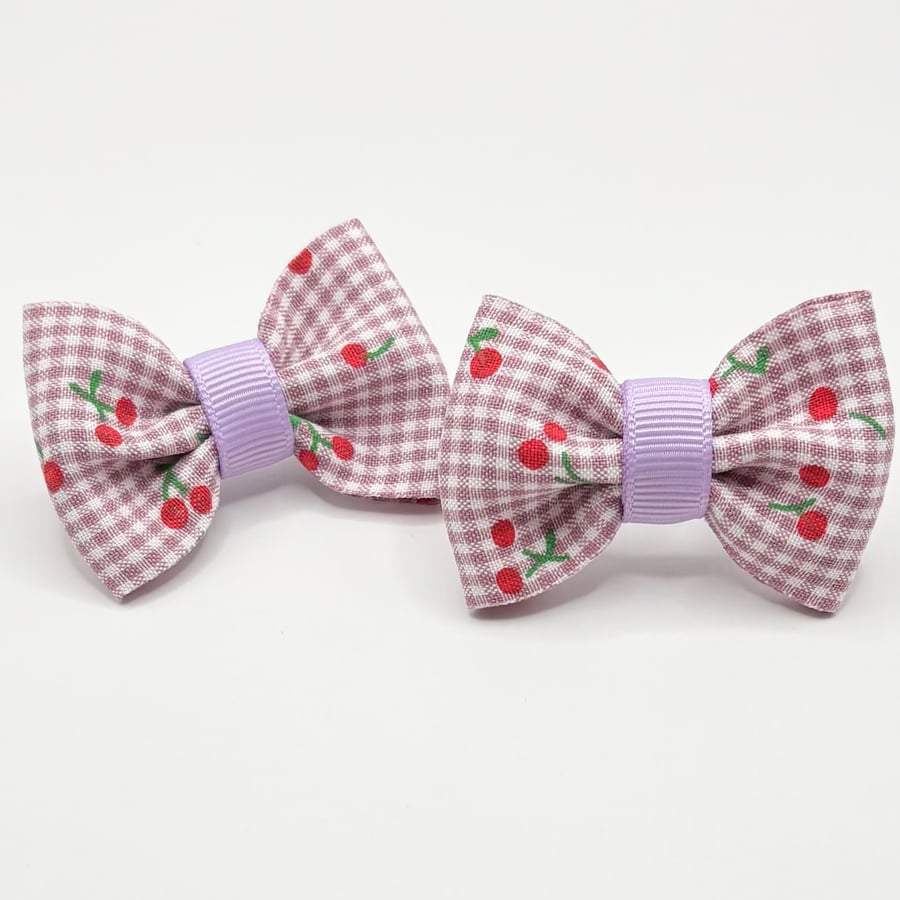 Lilac Gingham Cherry Bow Hair Bobbles 