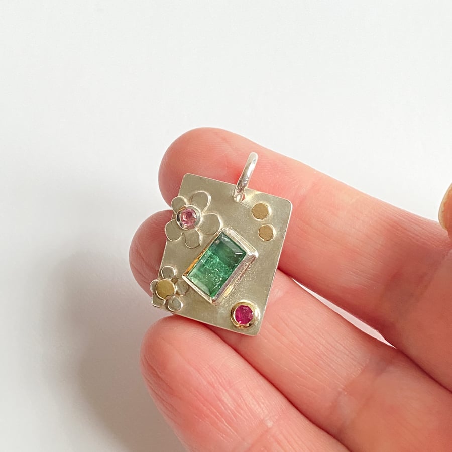 Tourmaline and Ruby Gold and Silver Pendant Handmade 