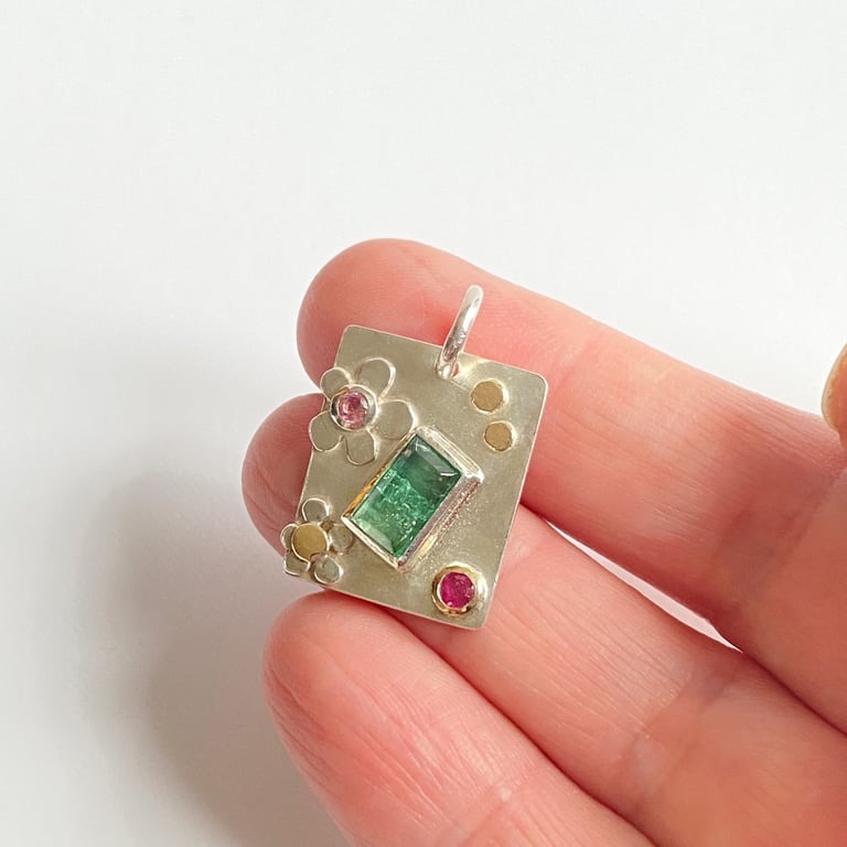 Tourmaline and Ruby Gold and Silver Pendant Handmade 