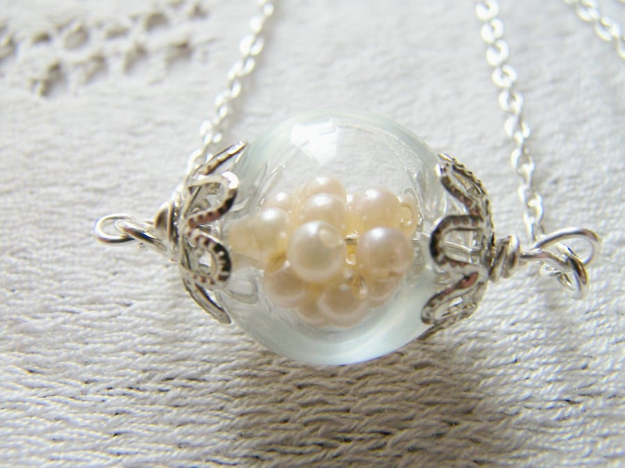 Glass Globe Hand Blown Necklace Pearl Whimsical Bridal Jewellery - BEAUTIFUL 