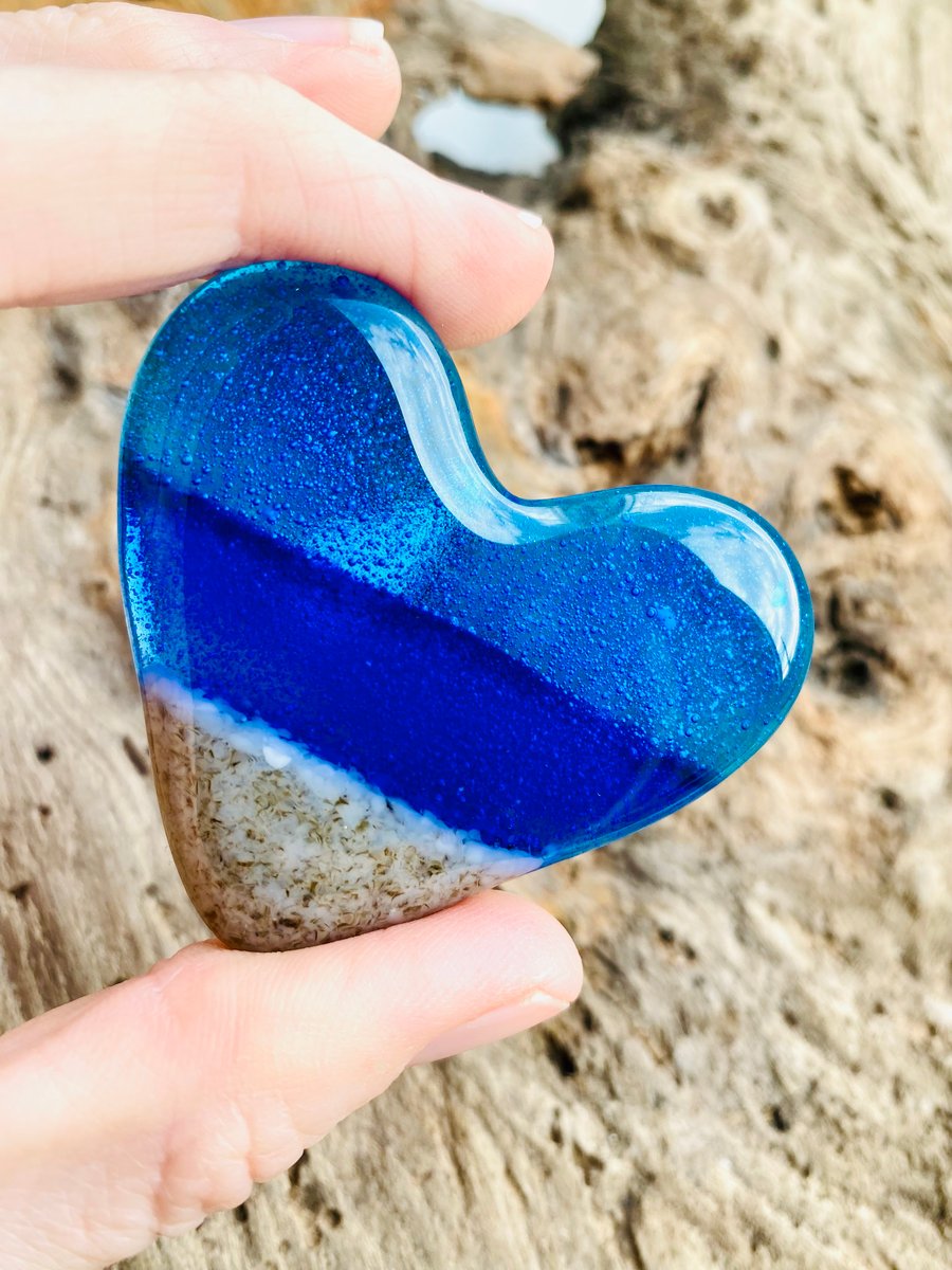 Fused glass seaside seascape beach  heart pocket hug 
