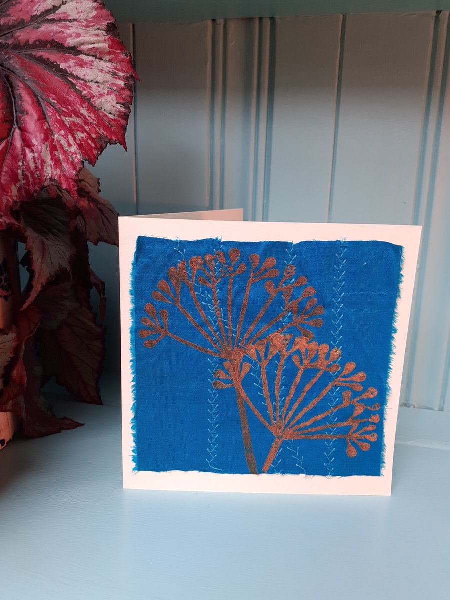 Stitched and printed sari silk ribbon card