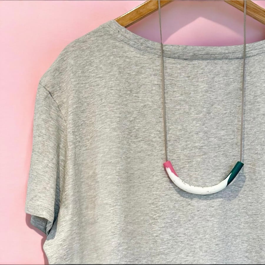Pink, Green & Speckled White Polymer Clay Curve Necklace on Faux Suede Cord