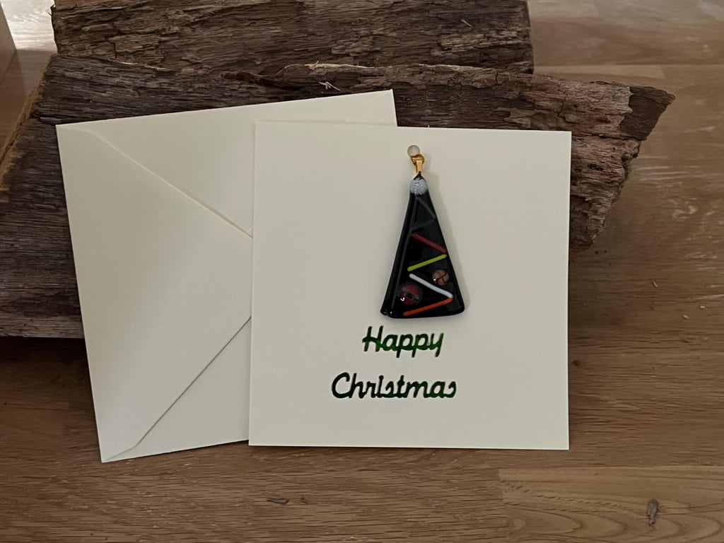 Handcrafted Christmas Card with Artisan Fused Glass Tree Decoration Keepsake