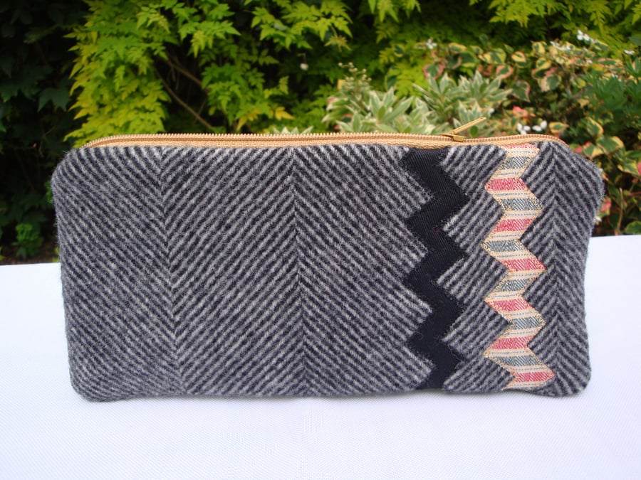 Recycled Herringbone  Wool -  Pencil case - Chevron detail.