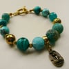 Turquoise and Gold Tone Egyptian Style Mixed Bead Charm Bracelet   KCJ613