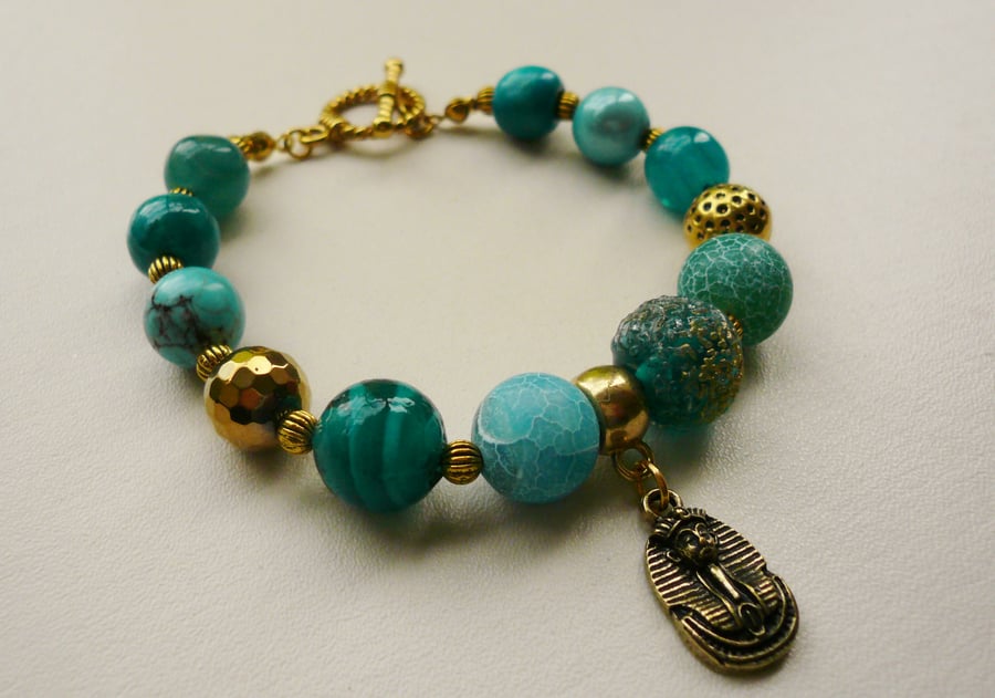 Turquoise and Gold Tone Egyptian Style Mixed Bead Charm Bracelet   KCJ613