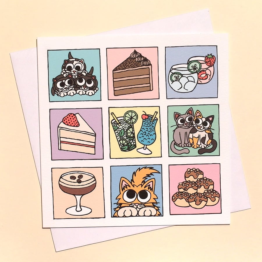 Cat Birthday Card - Cute Cats, Cake and Cocktails Q-CCC