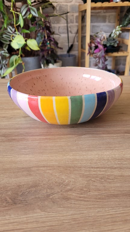 Large rainbow stripe and speckled pink ceramic bowl