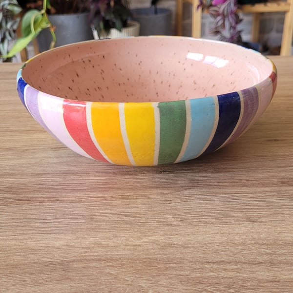 Large rainbow stripe and speckled pink ceramic bowl