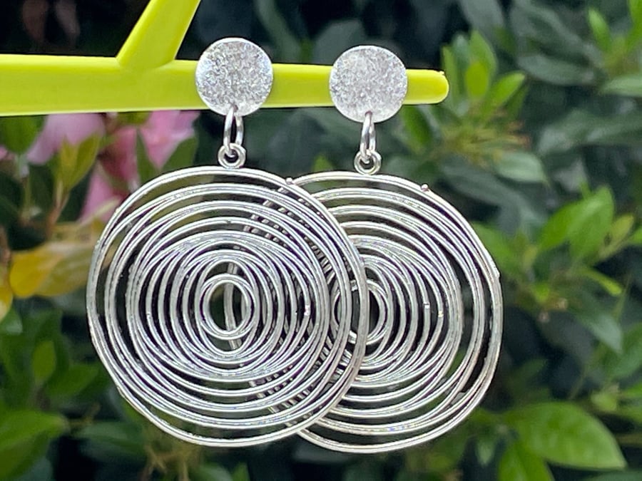 RETRO SPIRAL EARRINGS disco groove silver plated pushback post