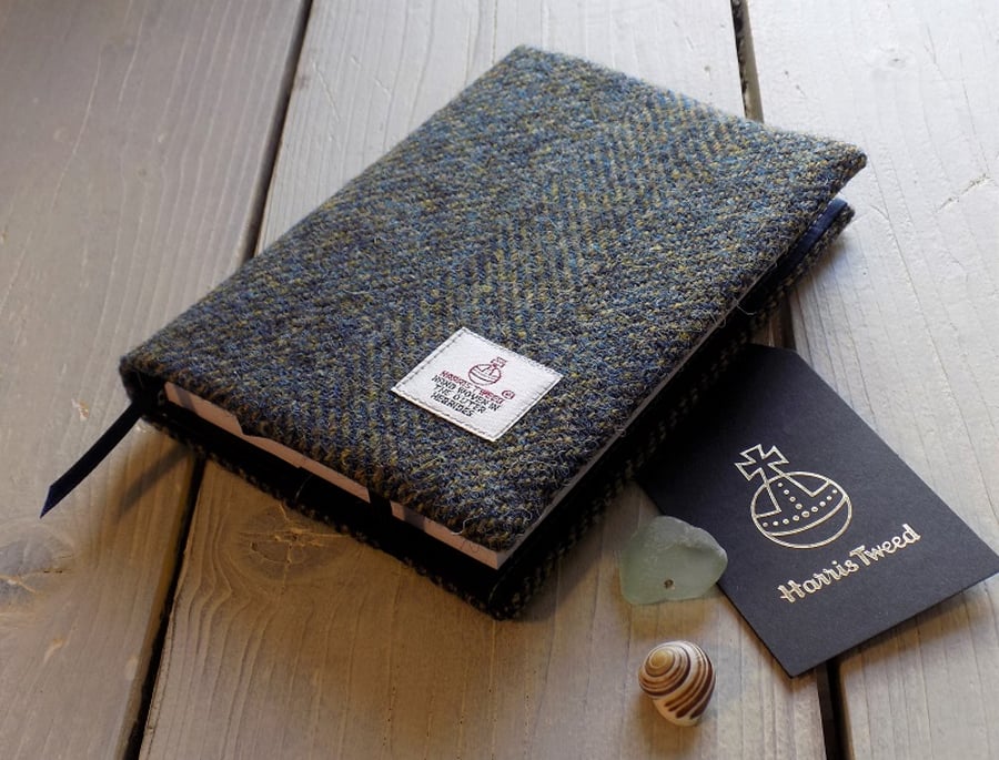 A6 Harris Tweed covered 2020 diary in blue and mustard herringbone. Day per page