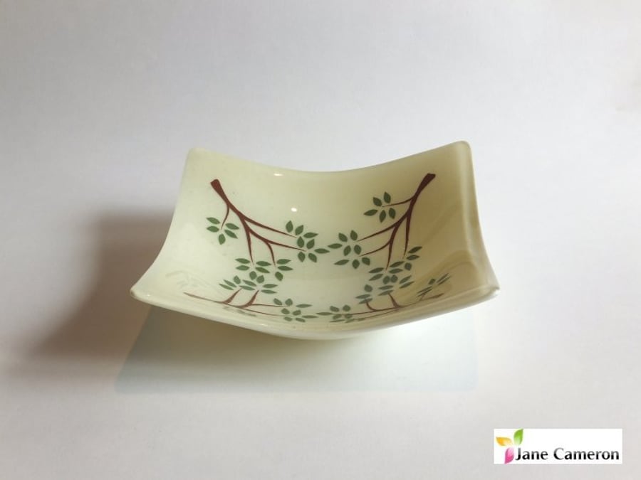 Rocking Trees Canape bowl dish 20cm - Cream Green Brown - Fused Glass - BGD-007