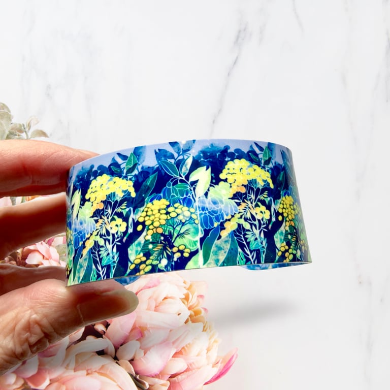 SALE floral wide cuff bracelet, blue, yellow flowers metal bangle