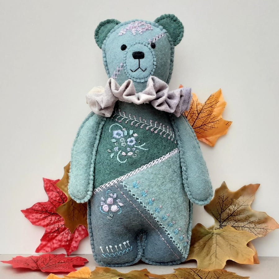 Woodland Teddy bear, crazy patchwork decorative keepsake bear,hanging decoration