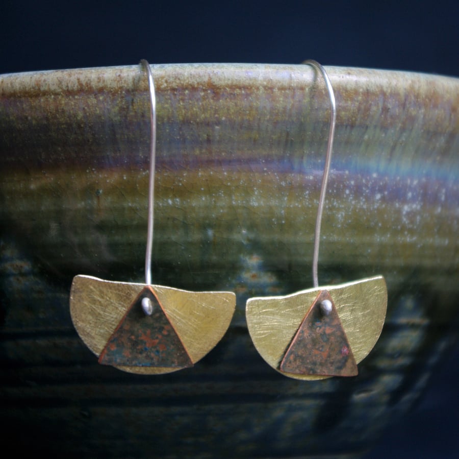 Brass Arc and Verdigris Triangle Long Dangle Earrings