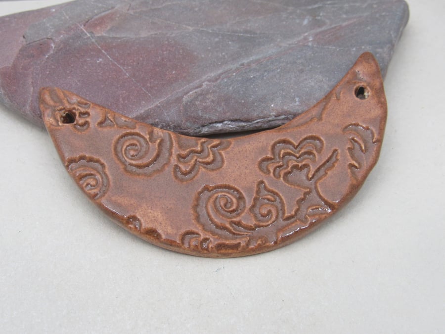 Sand Brown Brocade Ceramic Crescent Bib Pendant