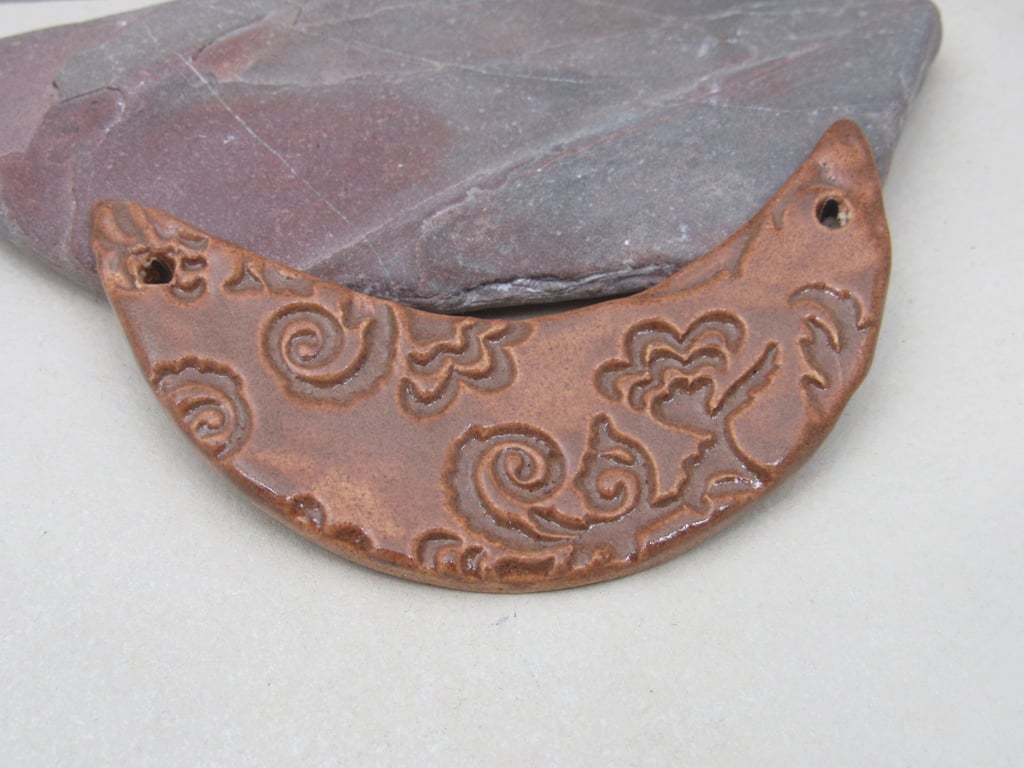 Sand Brown Brocade Ceramic Crescent Bib Pendant