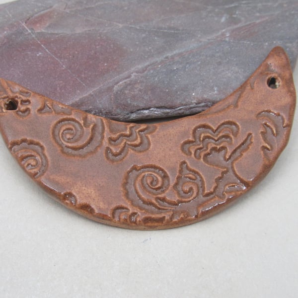 Sand Brown Brocade Ceramic Crescent Bib Pendant