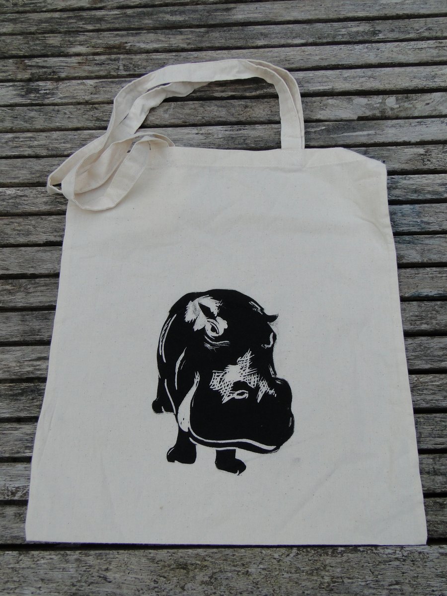 Sale Black Hippo Linocut Hand Printed Cream Tote Shopping Bag