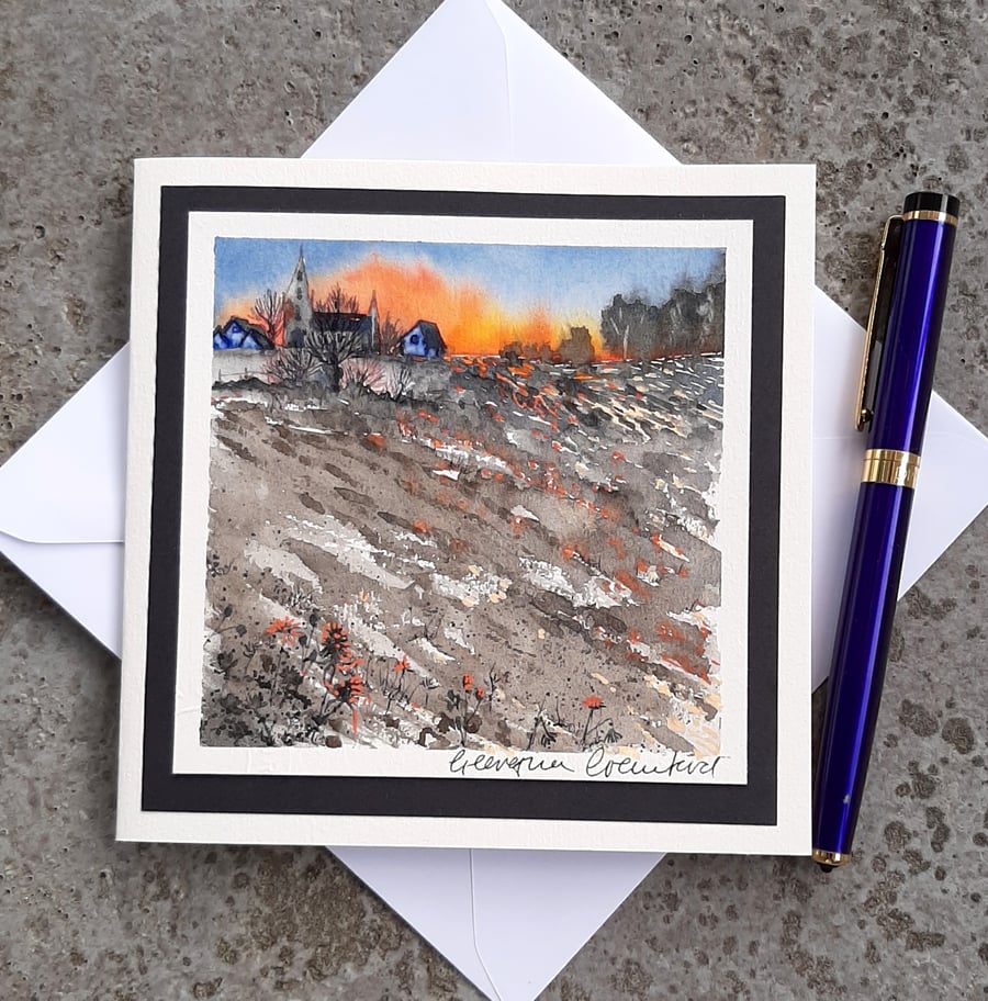 Handpainted Blank Card. Handmade. Letterbox Gift. Keepsake. Sunset Farm