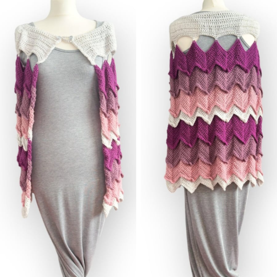 Chevron Crochet Cape in Plum, Grape & Pale Rose with Crystal Buttons