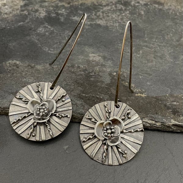 Recycled Sterling Silver Oxidised Earrings-Flower Sun Earrings 
