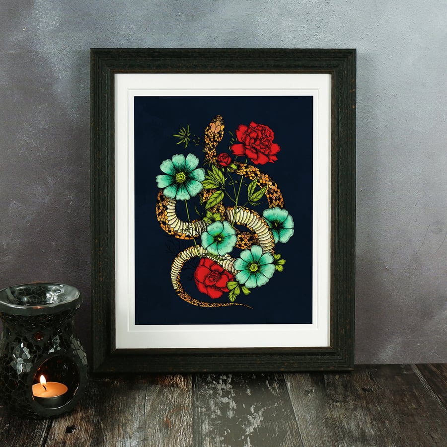 Floral Snake Giclée Print, Snake Illustration, Ouroboros, Tattoo Wall Art