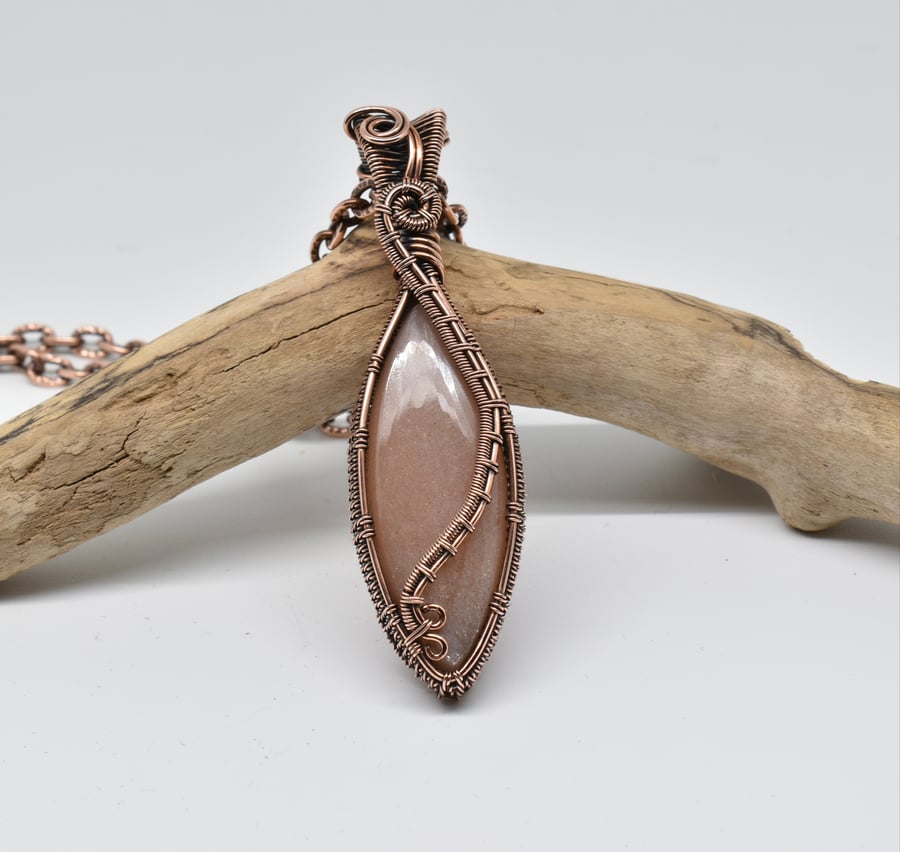 Peach Moonstone and Copper Wire Wrapped Statement Pendant