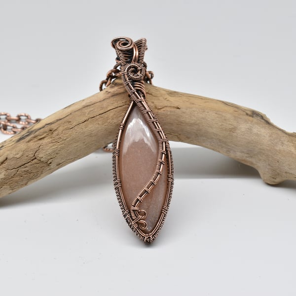Peach Moonstone and Copper Wire Wrapped Statement Pendant
